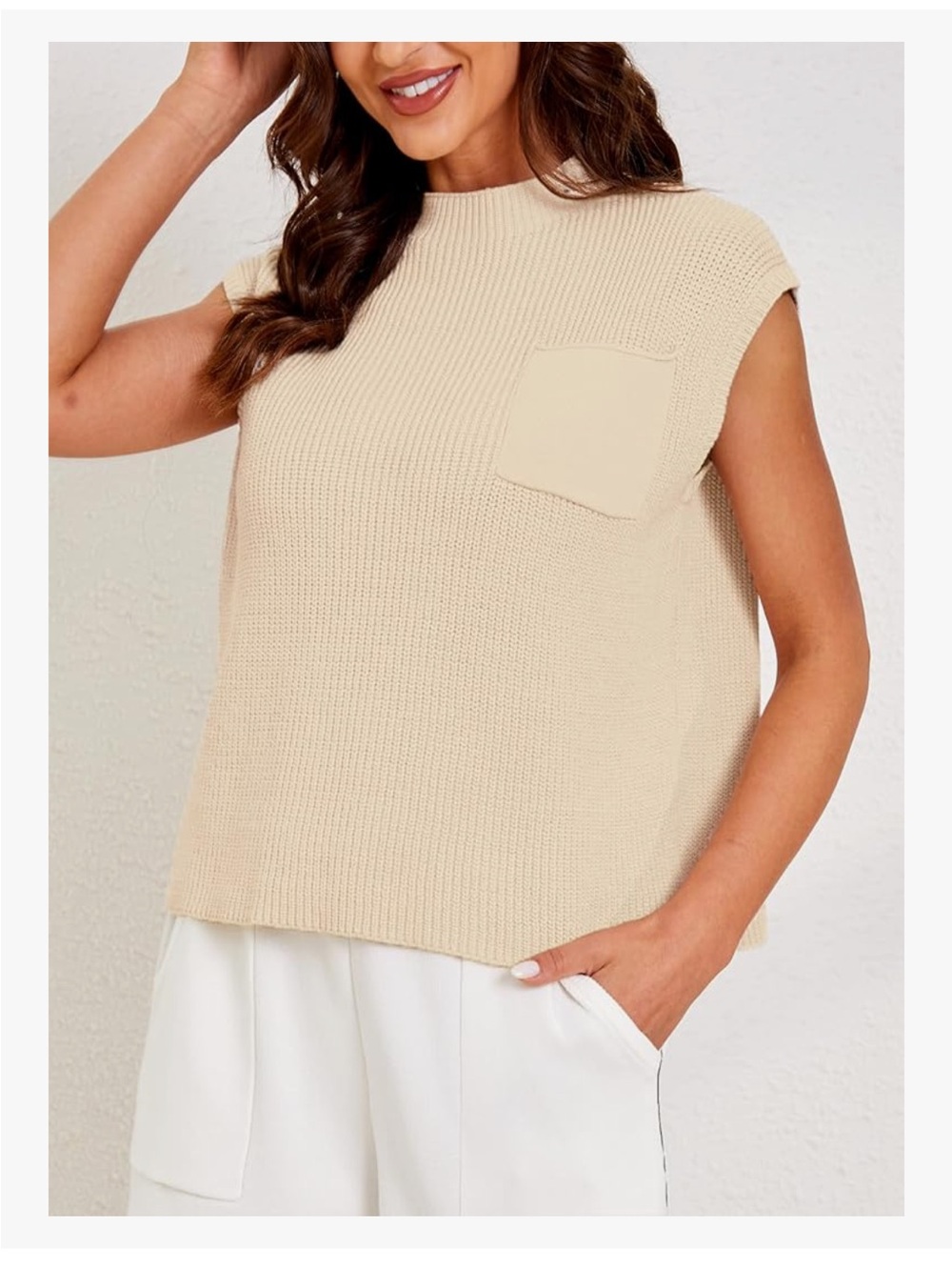 Sleeveless Knit Pocket Sweater in Beige